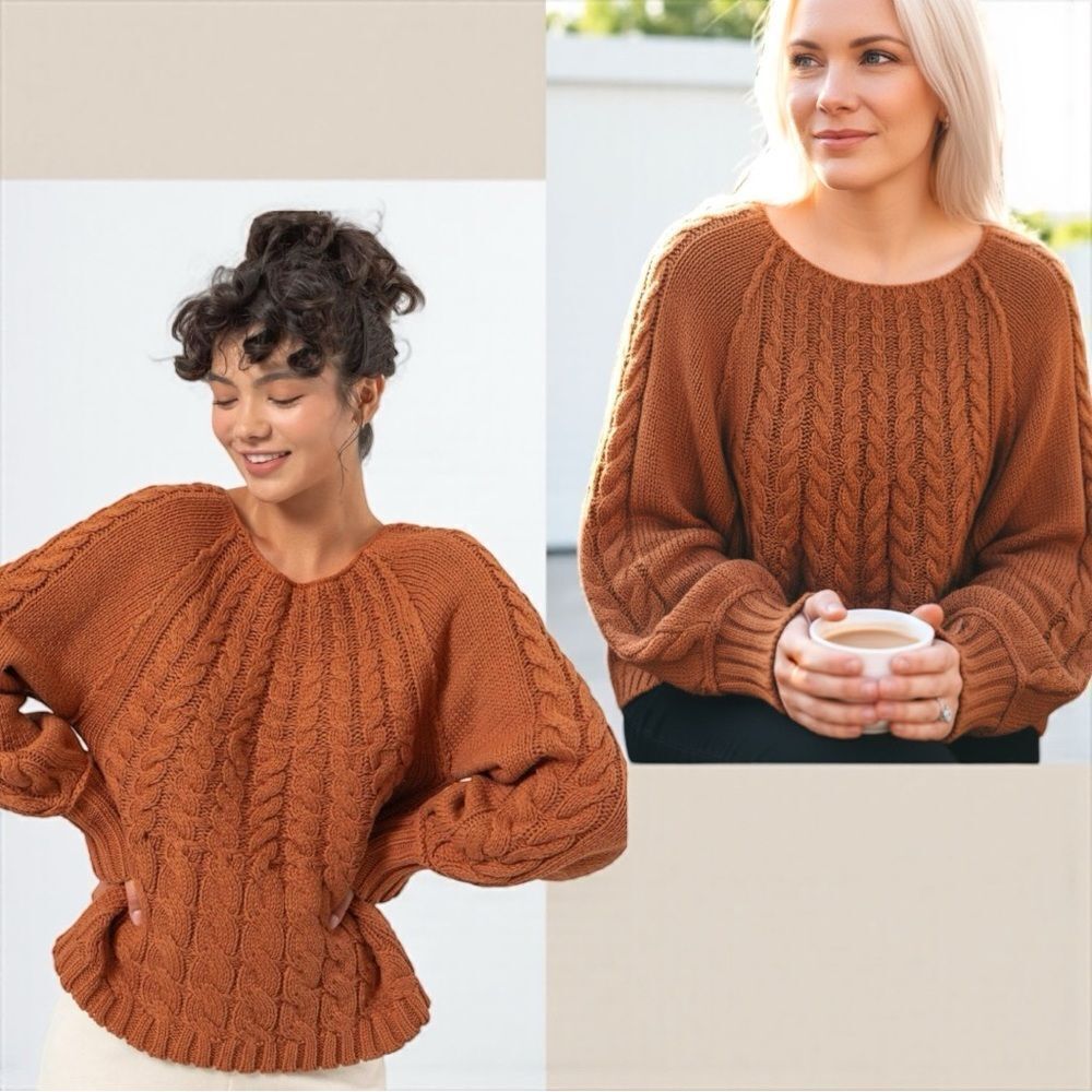 Rust Cable-Knit Round Neck Raglan Sleeve Sweater Large NEW - HYFVE - Picture 2 of 14